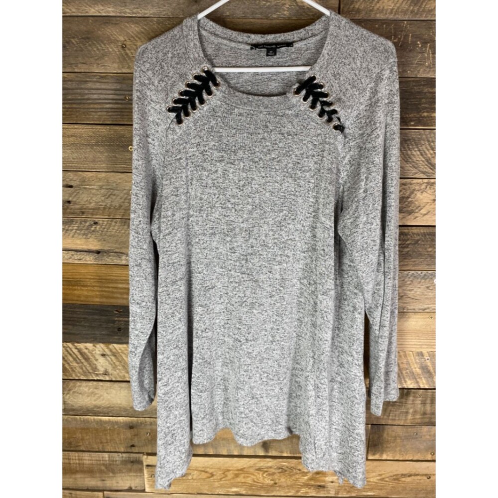 ZAC & RACHEL WOMAN Top Plus Sz 2X Grey Long Sleeve Tunic Faux Lace Up Knit